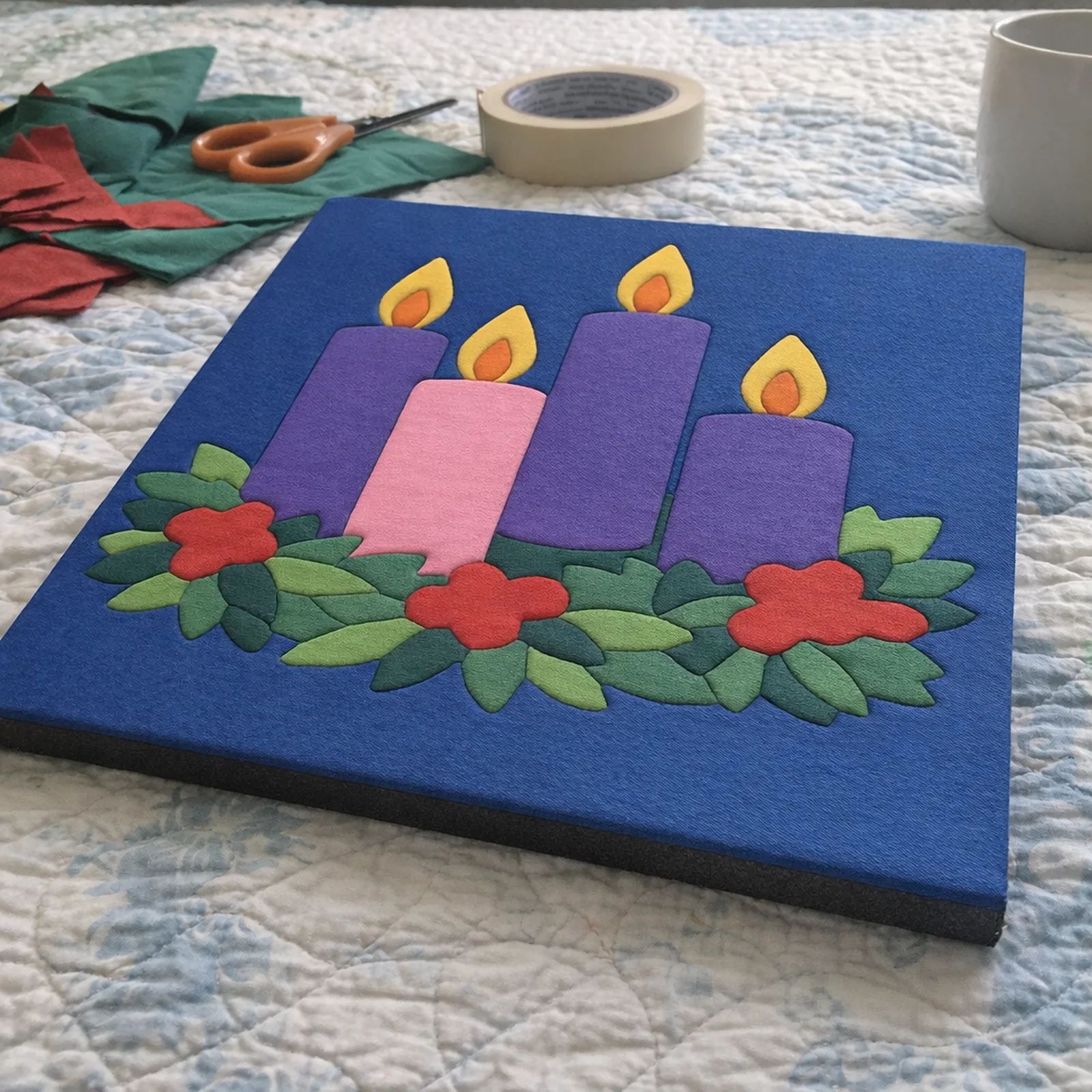 Advent Candles kinusaiga, just finished on a work table