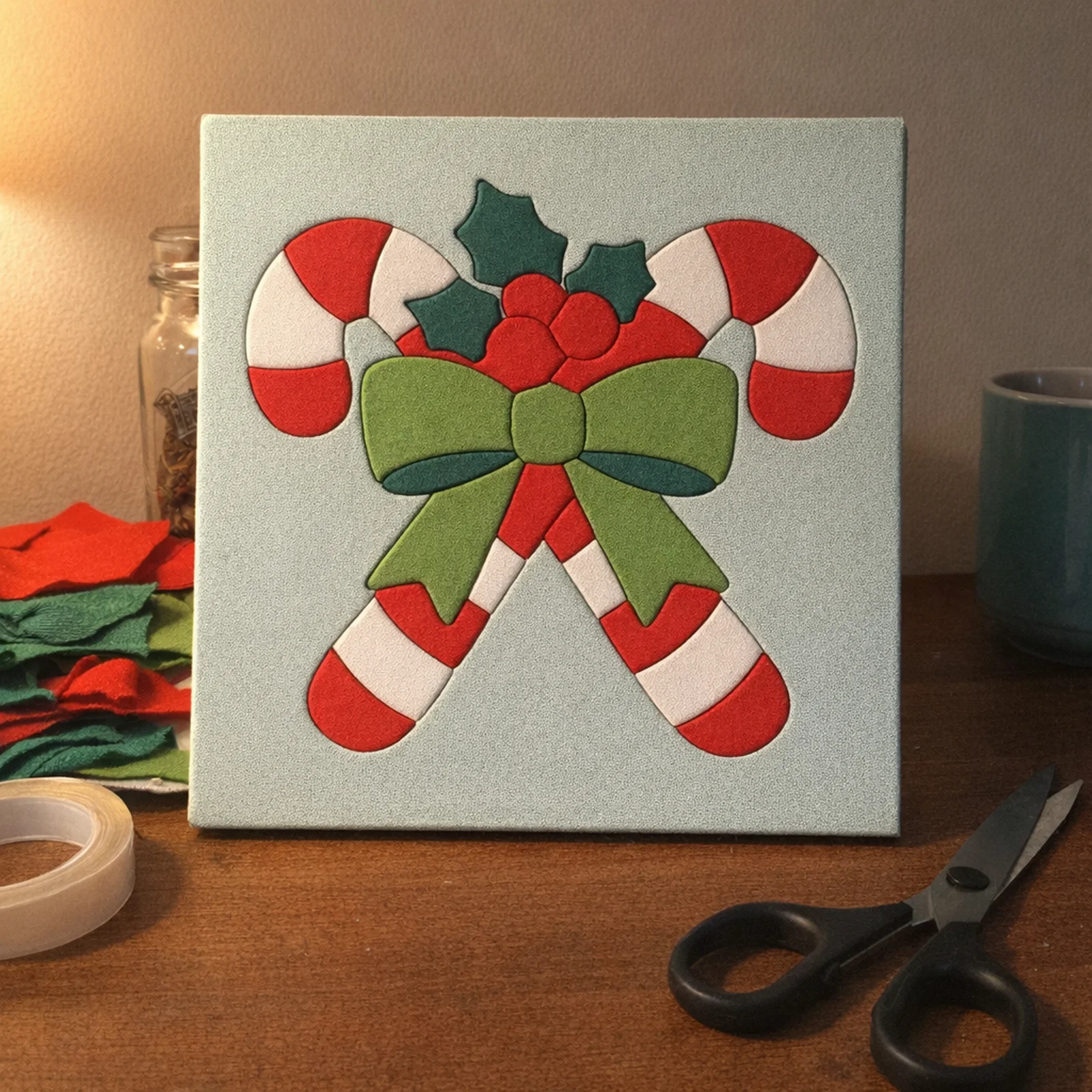 Candy Canes with a Bow kinusaiga, just finished on a work table