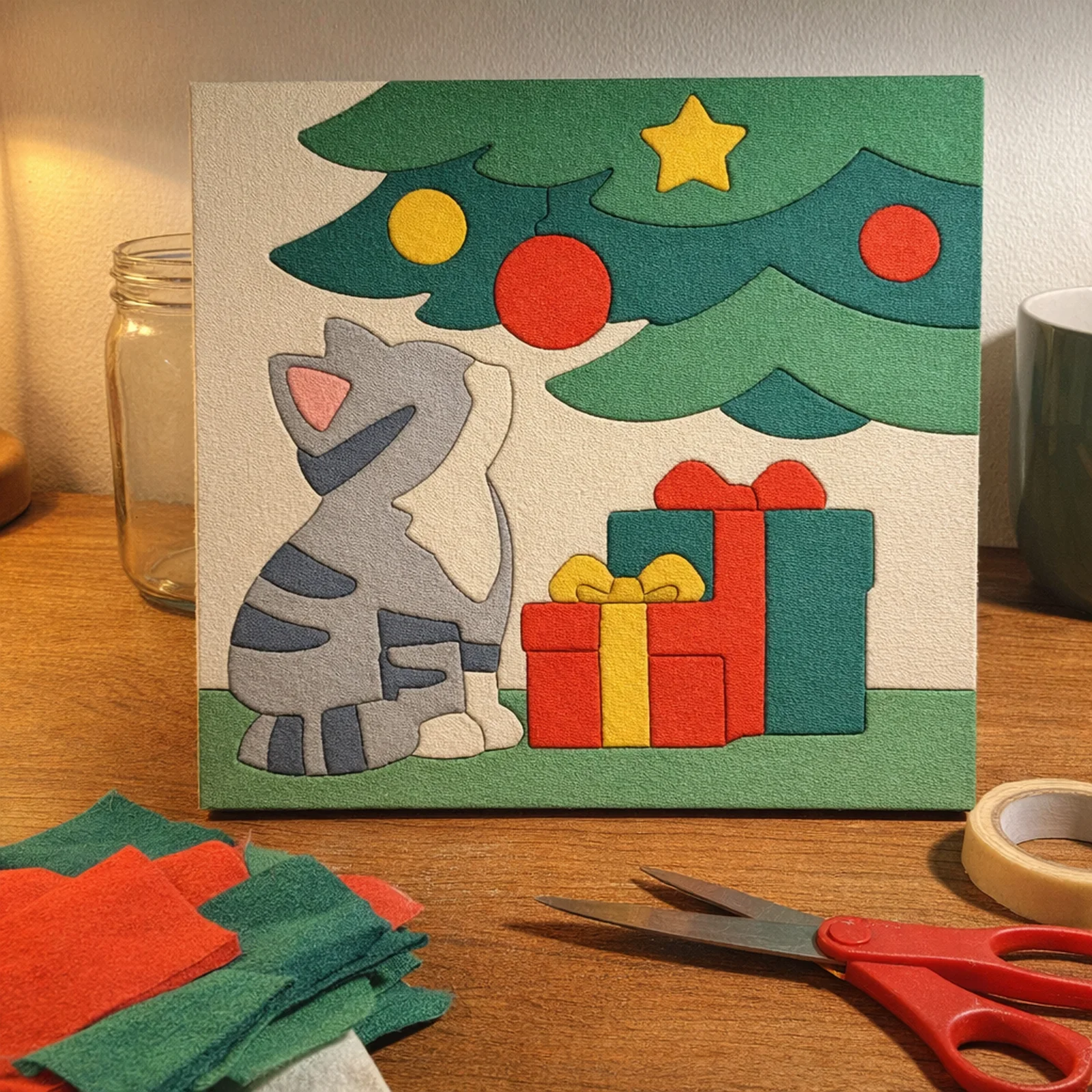 Cat Under the Christmas Tree kinusaiga, just finished on a work table