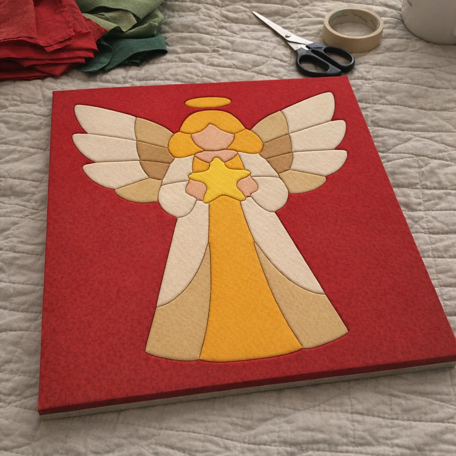 Christmas Angel kinusaiga, just finished on a work table