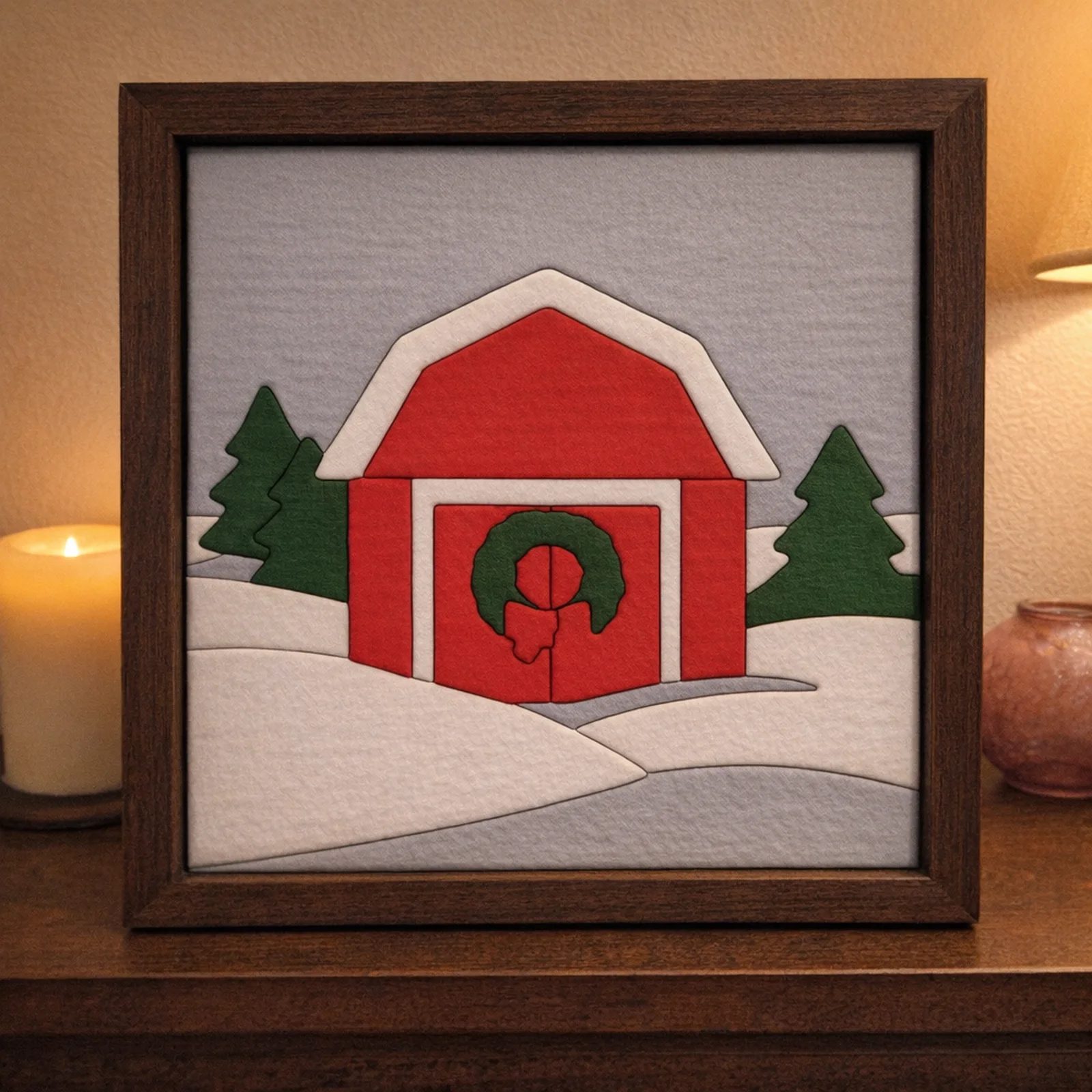 Red Barn in the Snow kinusaiga in a frame