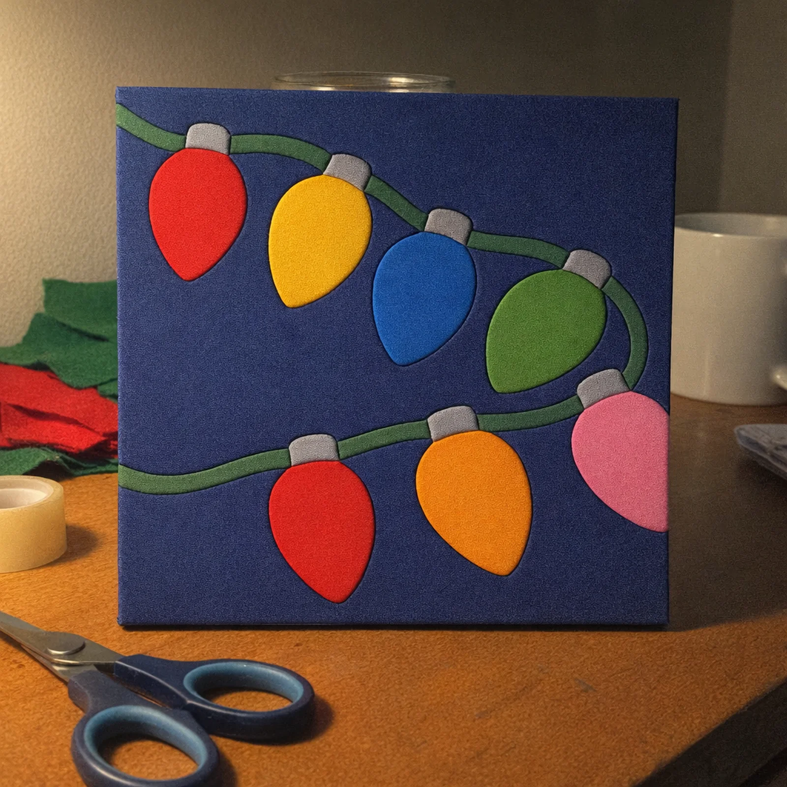 String of Christmas Lights kinusaiga, just finished on a work table