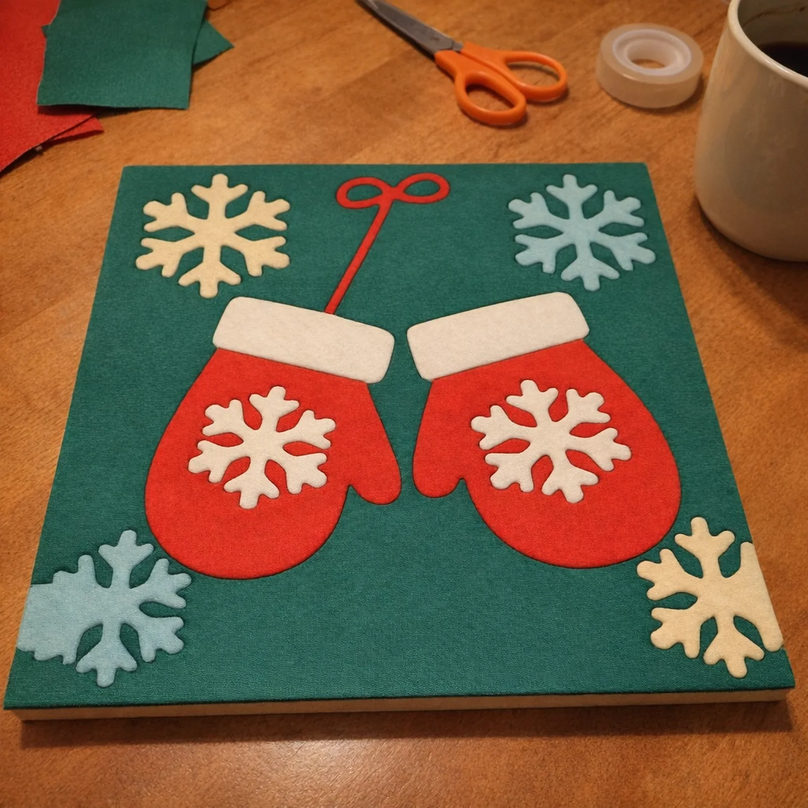 Pair of Christmas Mittens kinusaiga, just finished on a work table