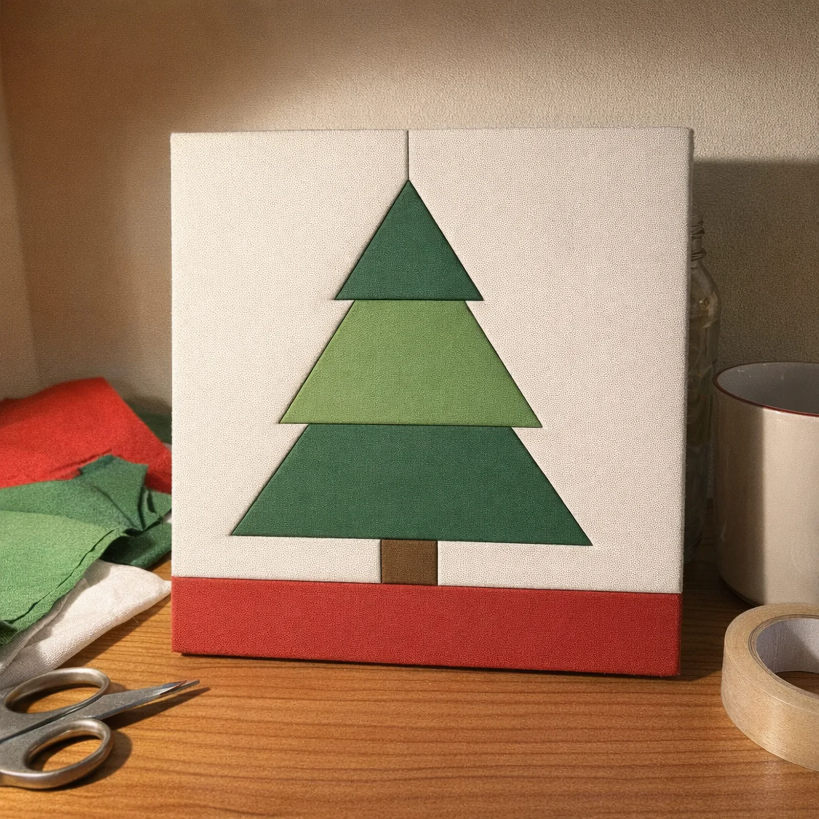 Christmas Tree Quilt Block kinusaiga, just finished on a work table