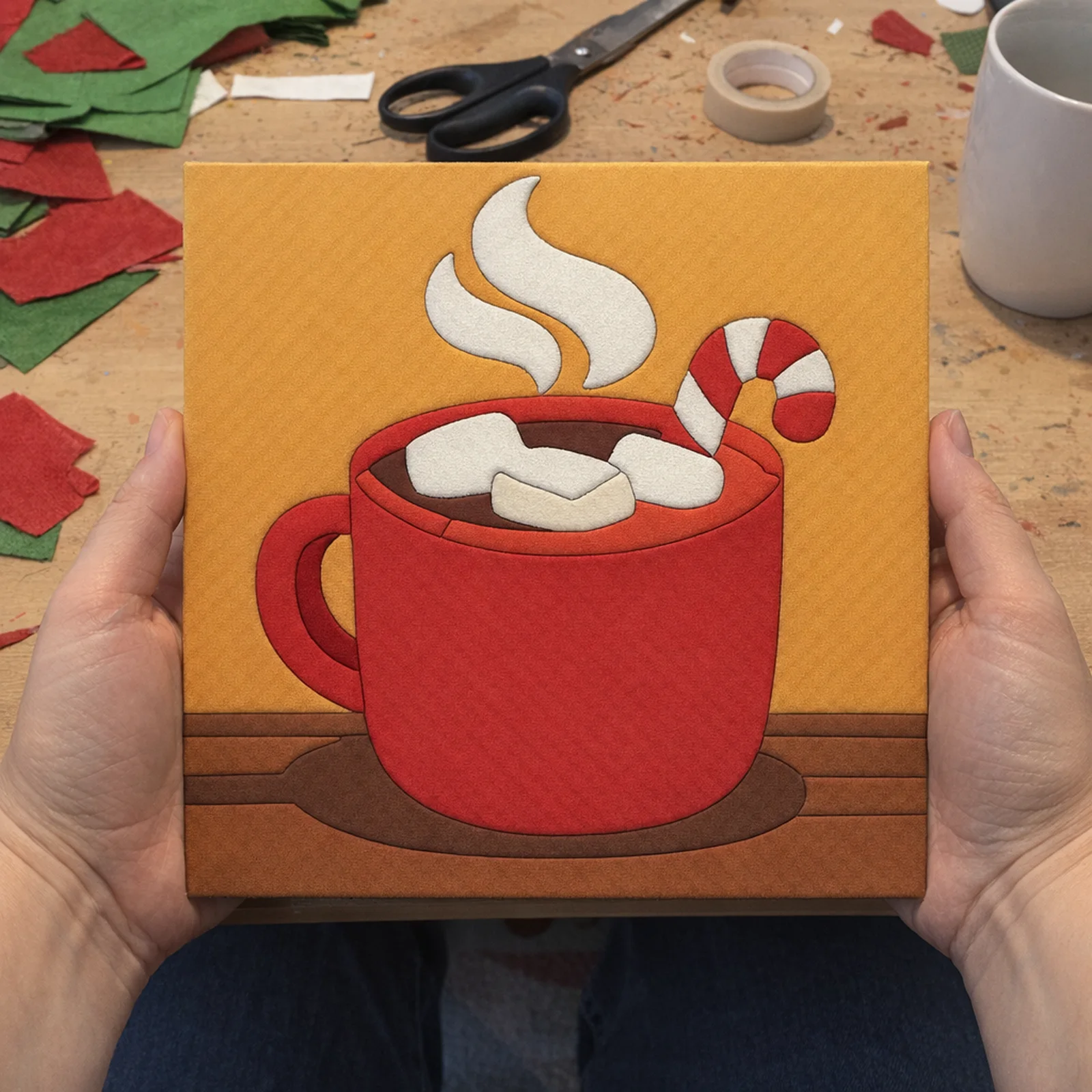 Hot Cocoa Mug kinusaiga, just finished on a work table