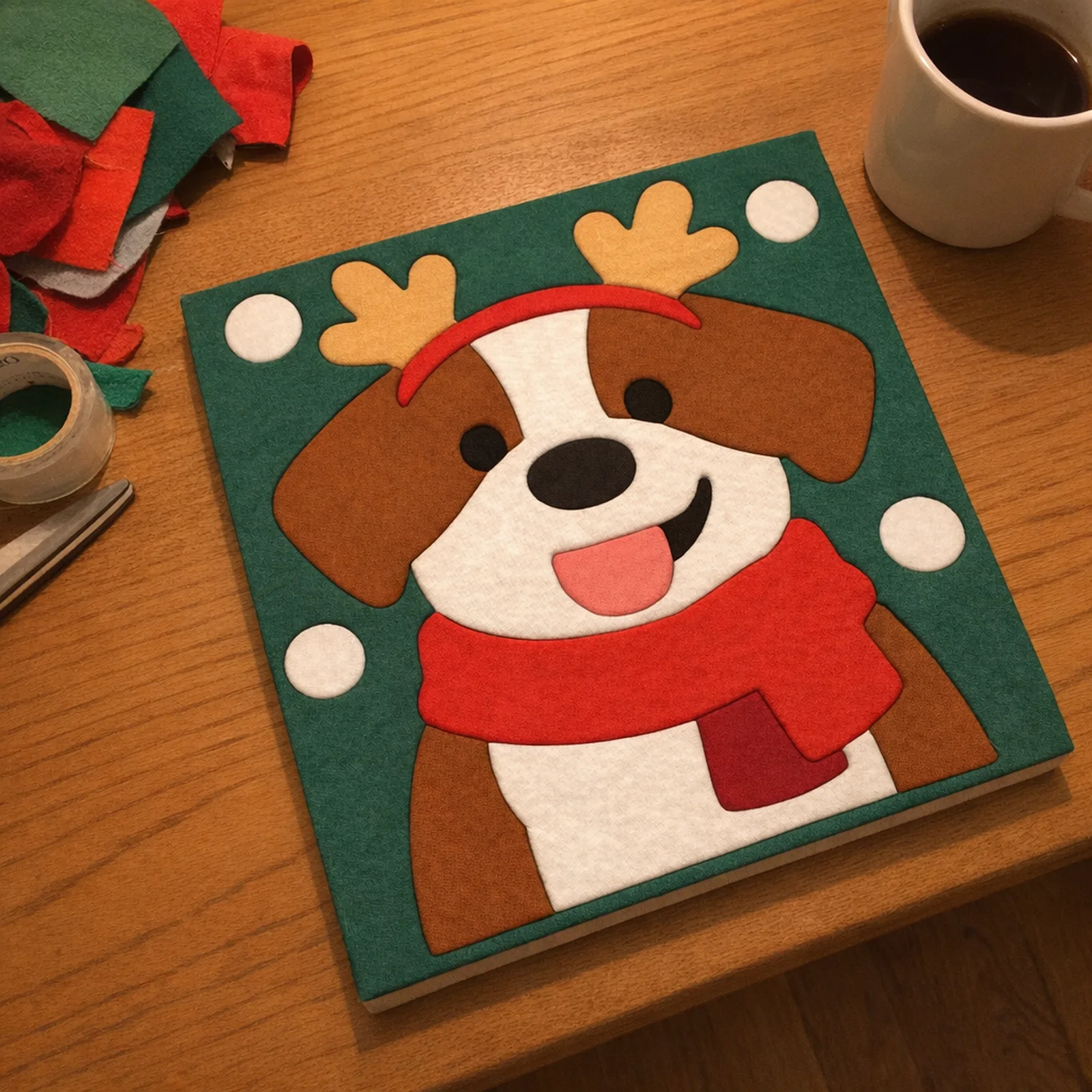 Dog with Reindeer Antlers kinusaiga, just finished on a work table