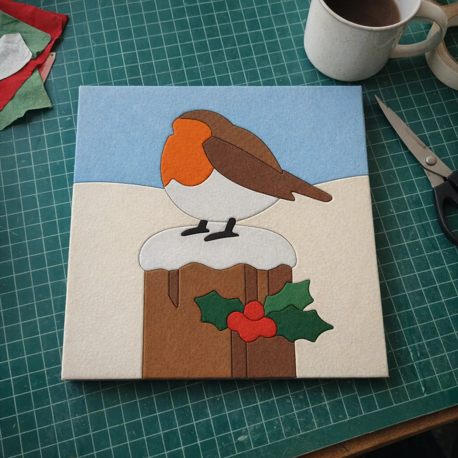 Robin on a Snowy Post kinusaiga made in fabric