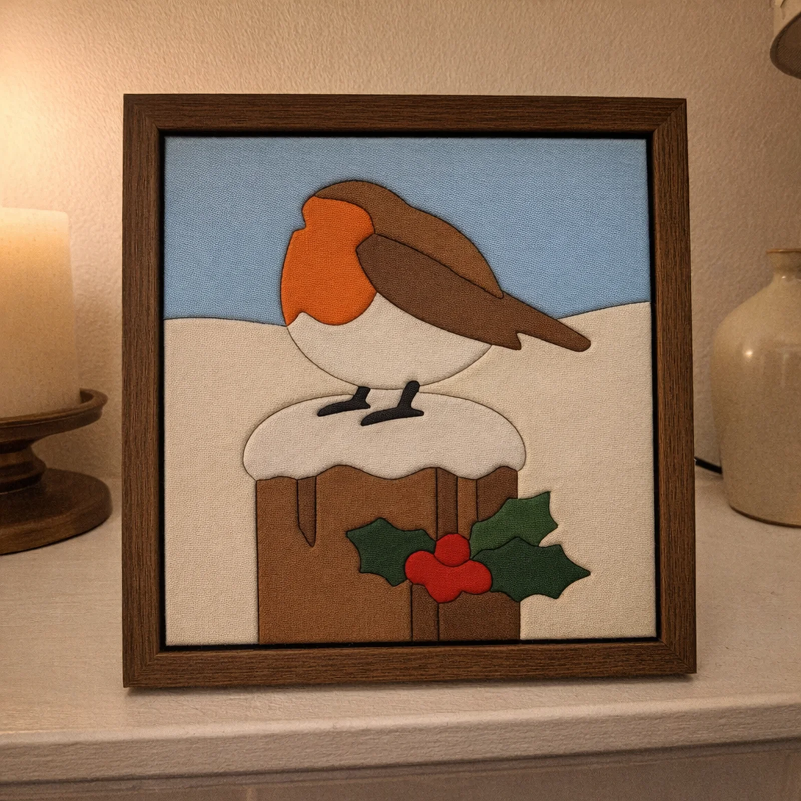 Robin on a Snowy Post kinusaiga in a frame