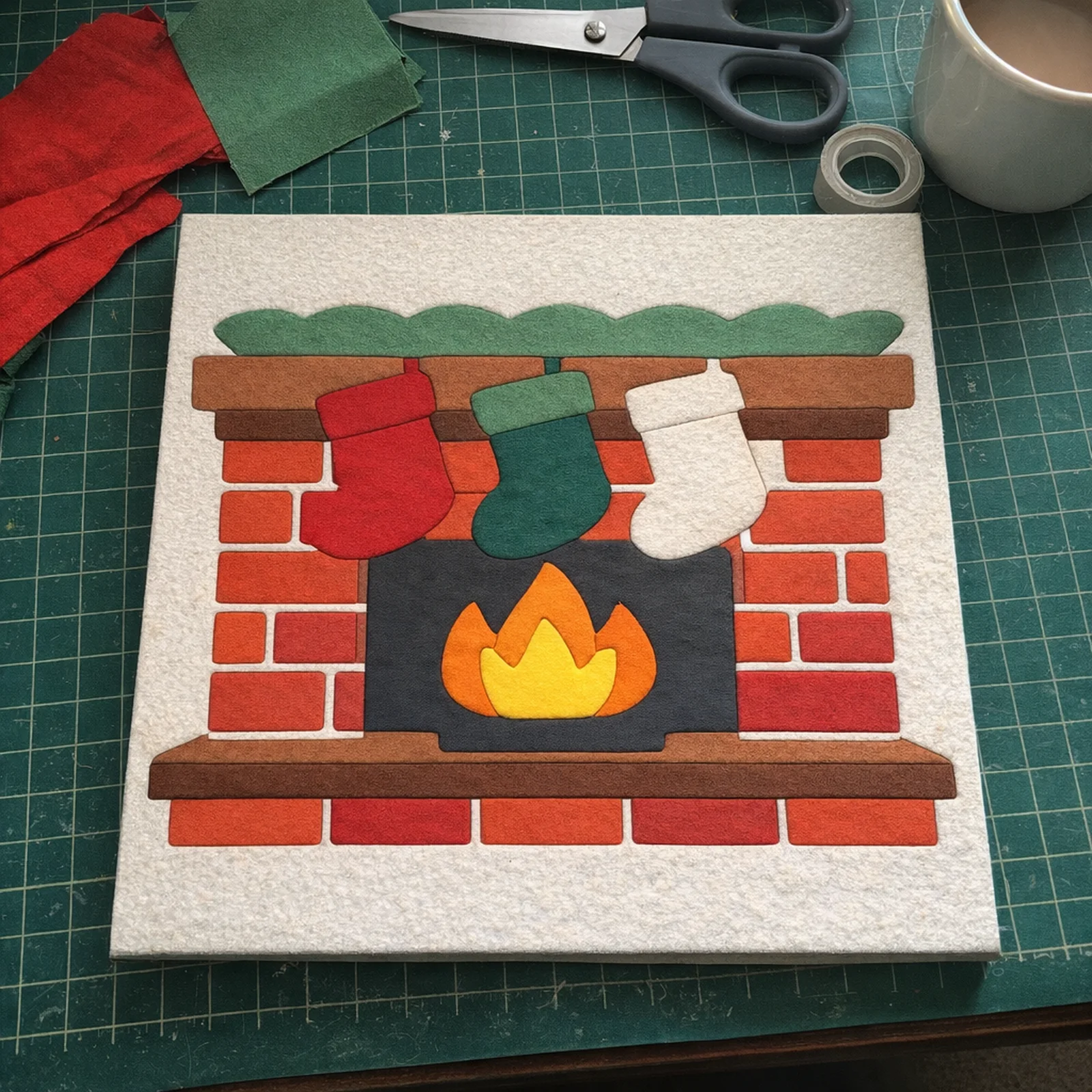 Stockings by the Fireplace kinusaiga, just finished on a work table