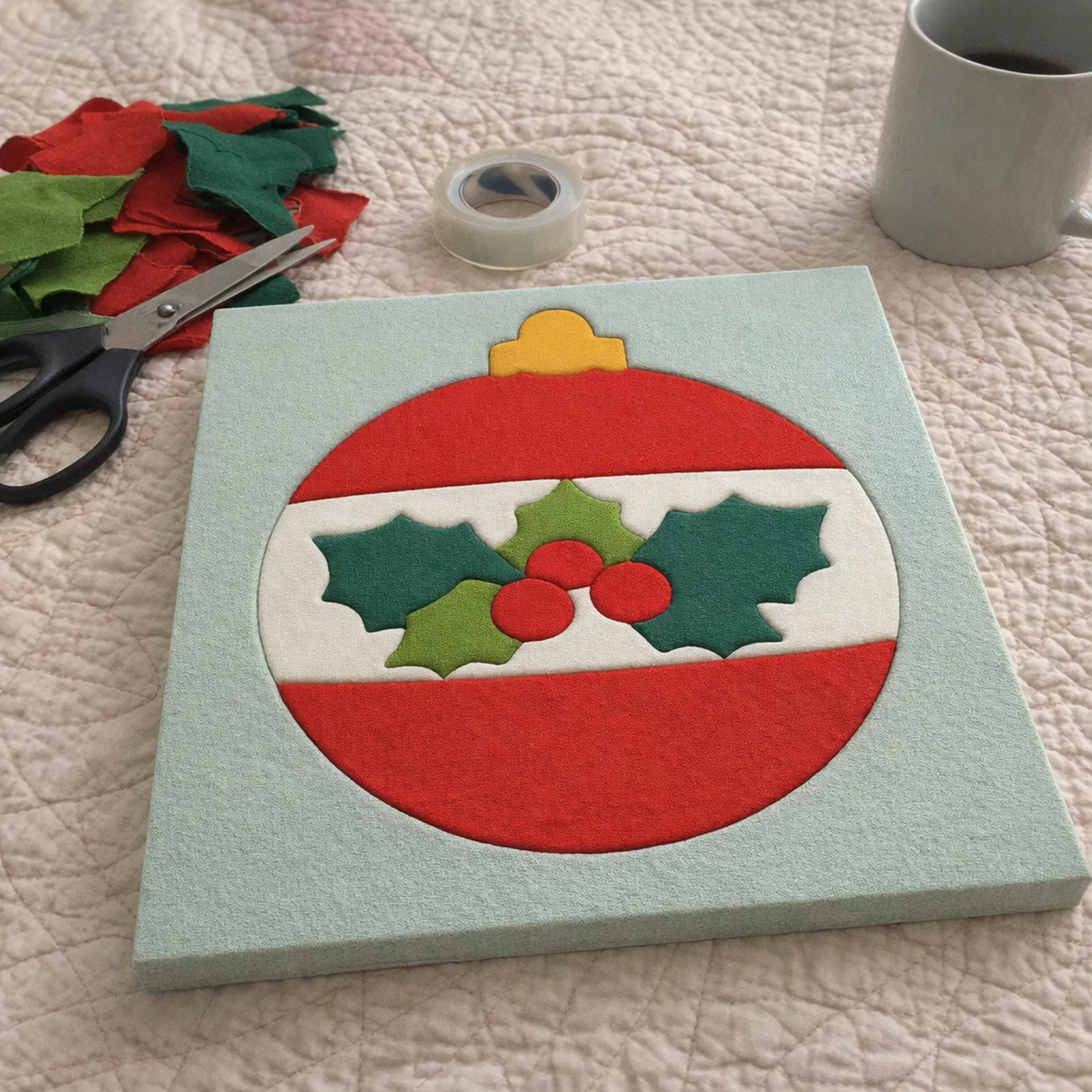 Holly Ornament kinusaiga, just finished on a work table