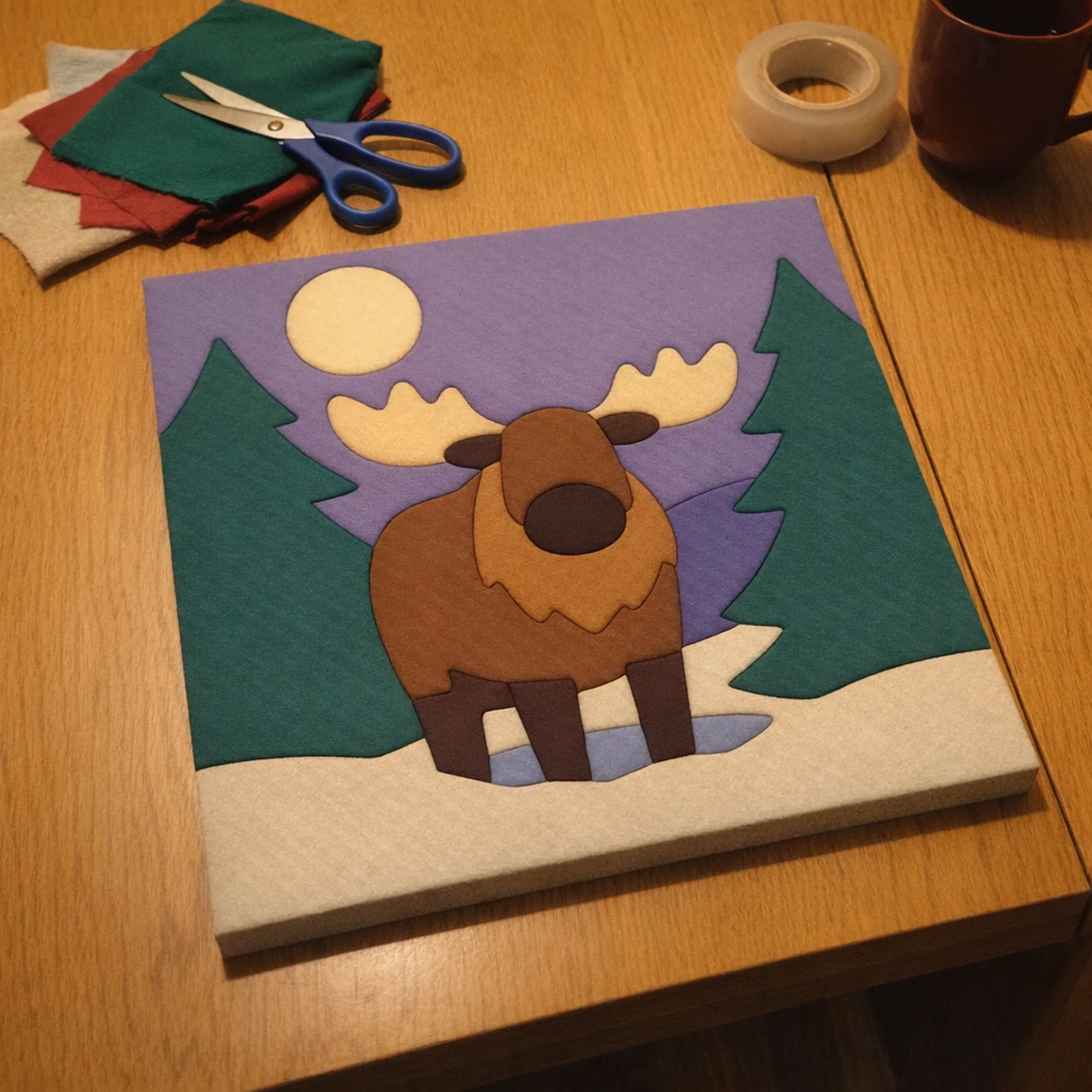 Moose in the Winter Woods kinusaiga, just finished on a work table