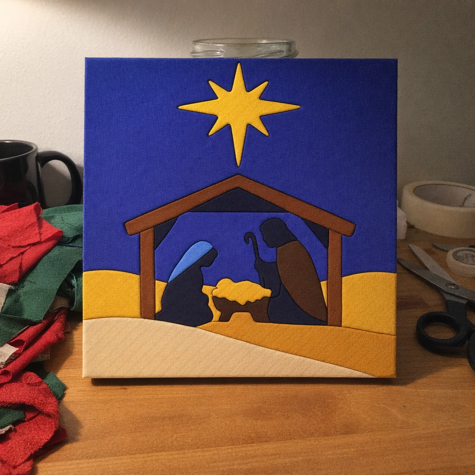 Nativity Under the Star kinusaiga, just finished on a work table