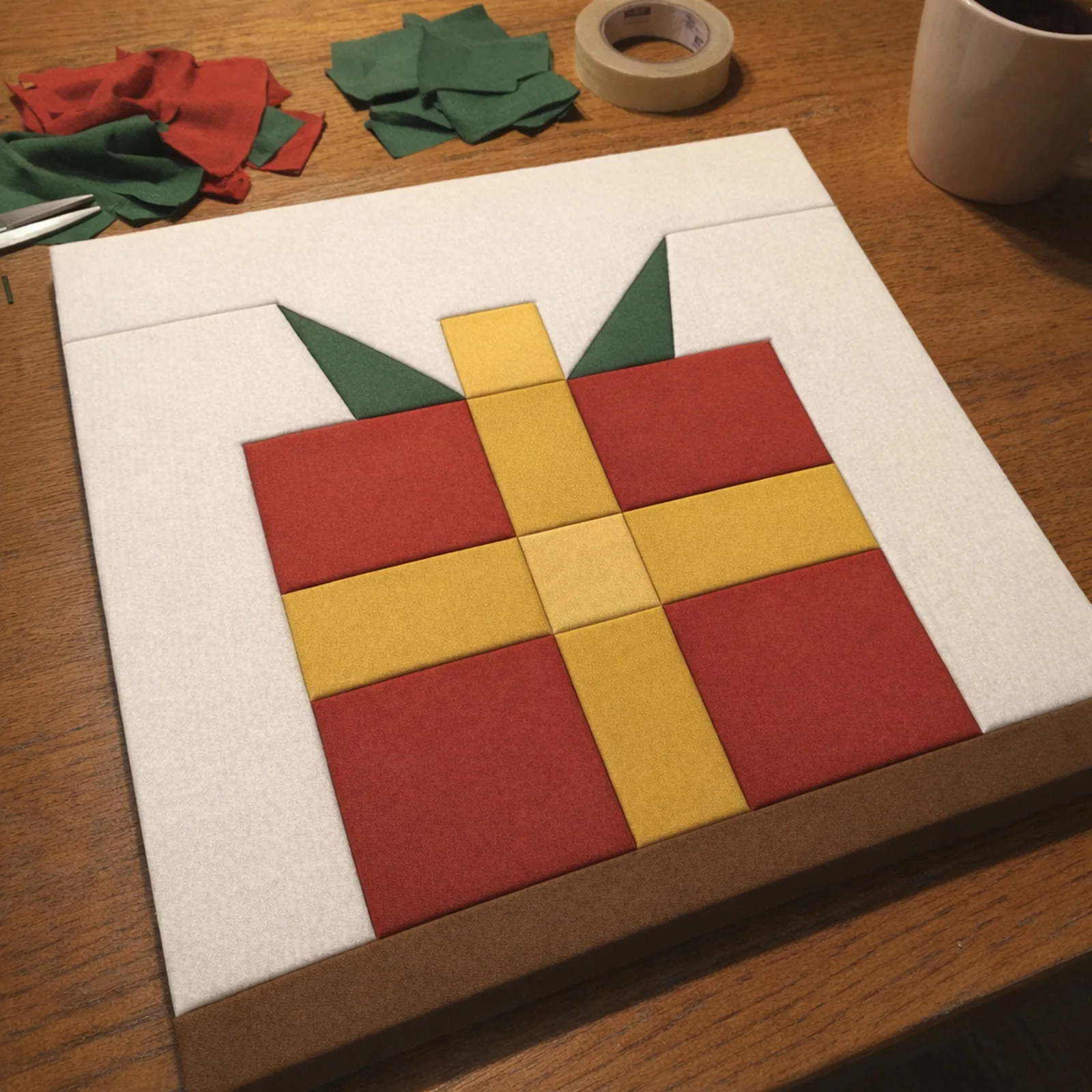Wrapped Present Quilt Block kinusaiga, just finished on a work table