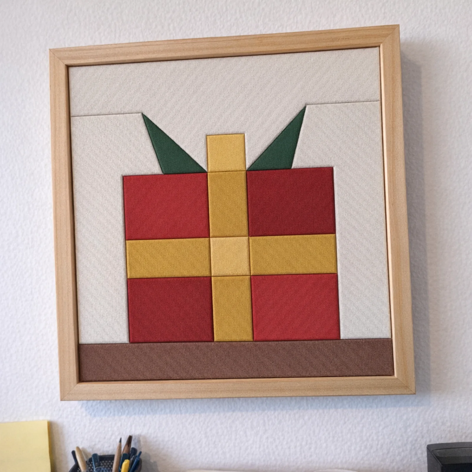 Wrapped Present Quilt Block kinusaiga in a frame