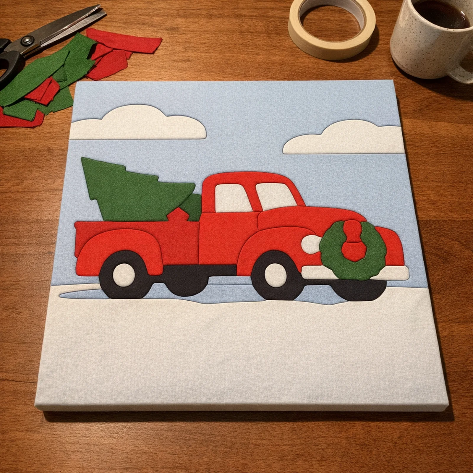 Red Truck with a Christmas Tree kinusaiga made in fabric