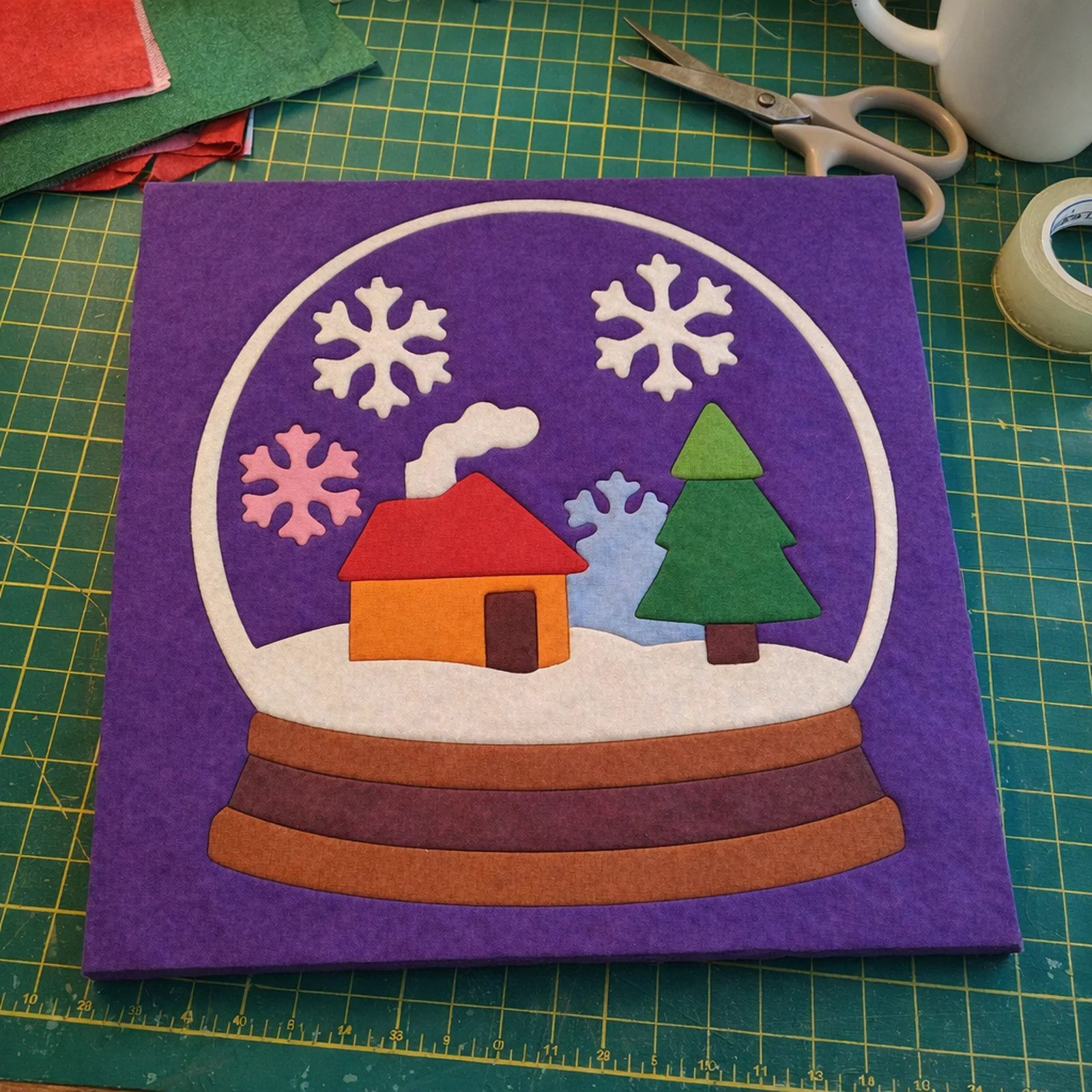 Village in a Snow Globe kinusaiga, just finished on a work table