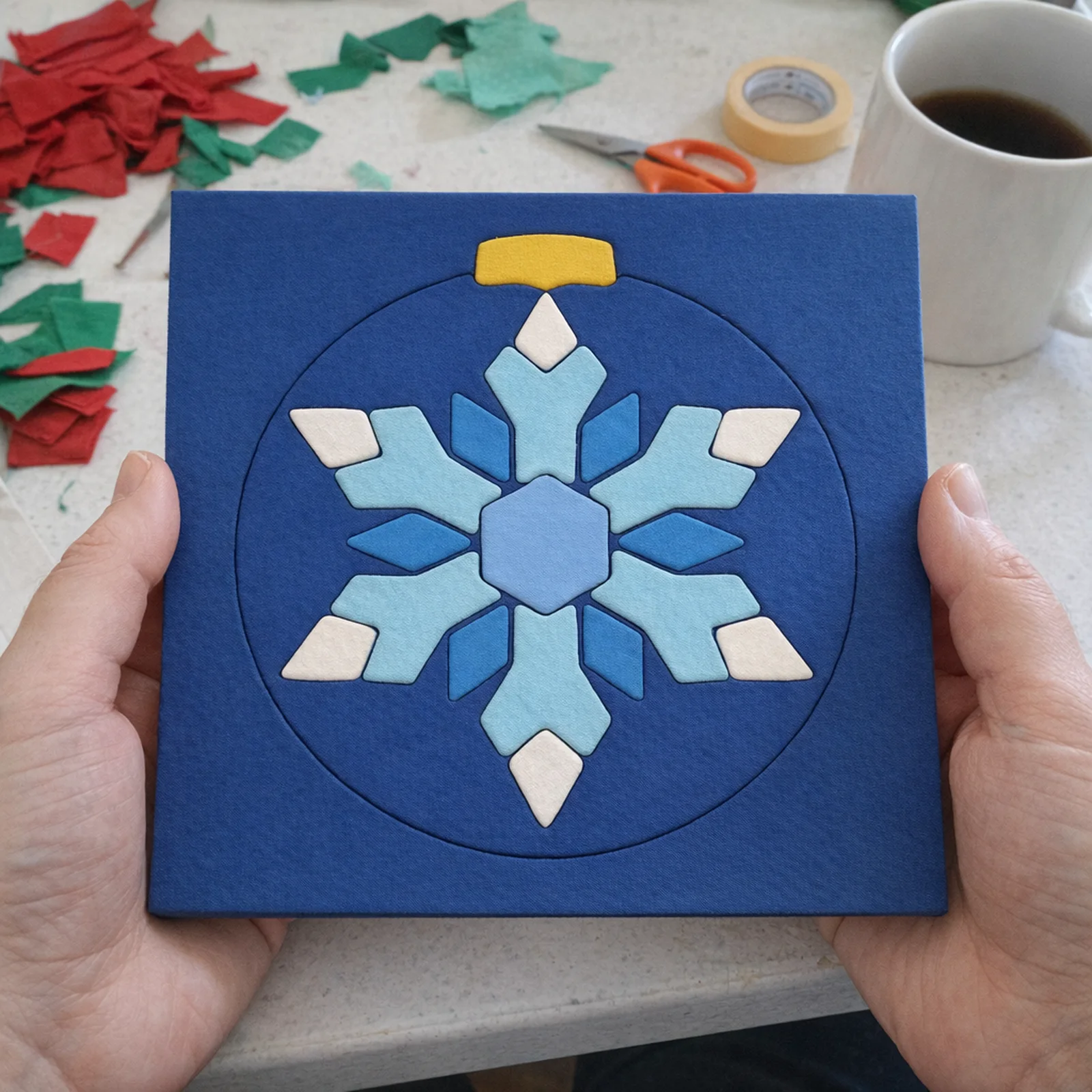 Snowflake Ornament kinusaiga, just finished on a work table