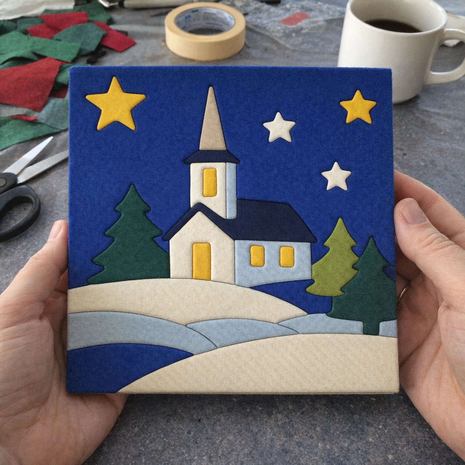 Little Church in the Snow kinusaiga, just finished on a work table